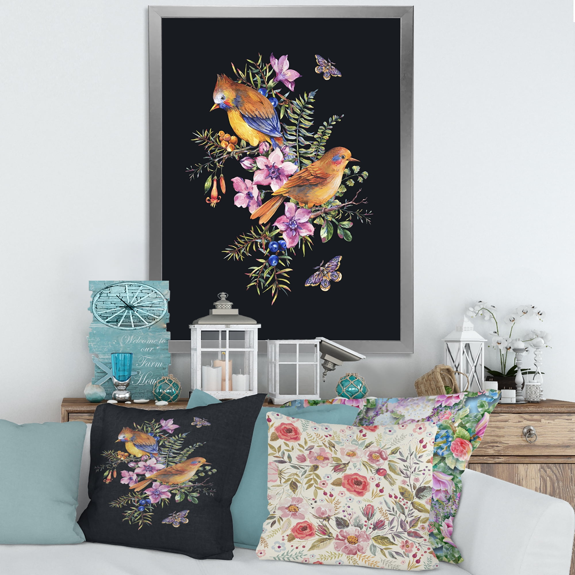 Designart 'Little Bird Sitting On Colourful Bouquet Of Wildflowers II' Traditional Framed Art Print