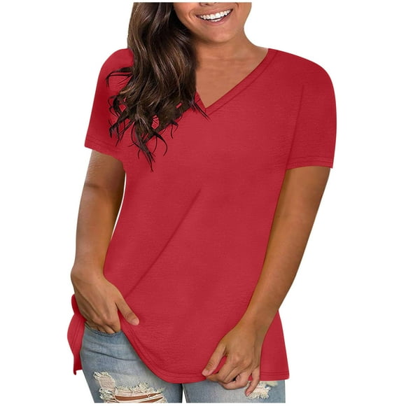 VOAVEKE Womens T Shirts,Summer Tops for Women,Fashion Print T-shirt 3/4 Sleeves Blouse Round Neck Casual Red XL