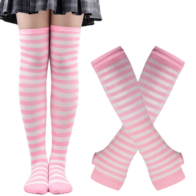 Txlixc Conjunto de medias de otoño para mujeres, manguera de muslo de color sólido / rayado, con traje de guante largo para niñas Txlixc moda