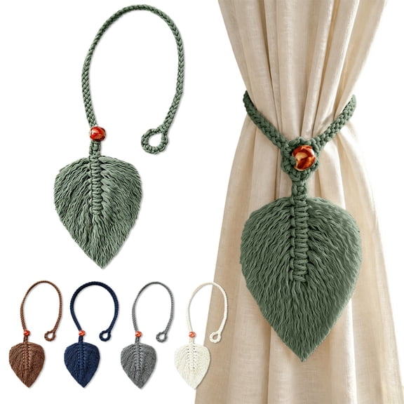 pathside Farmhouse Curtain Holdbacks Handwoven Leaf Tiebacks Khaki, Polyester, No-Drill Drapes Holder, Summer Khaki