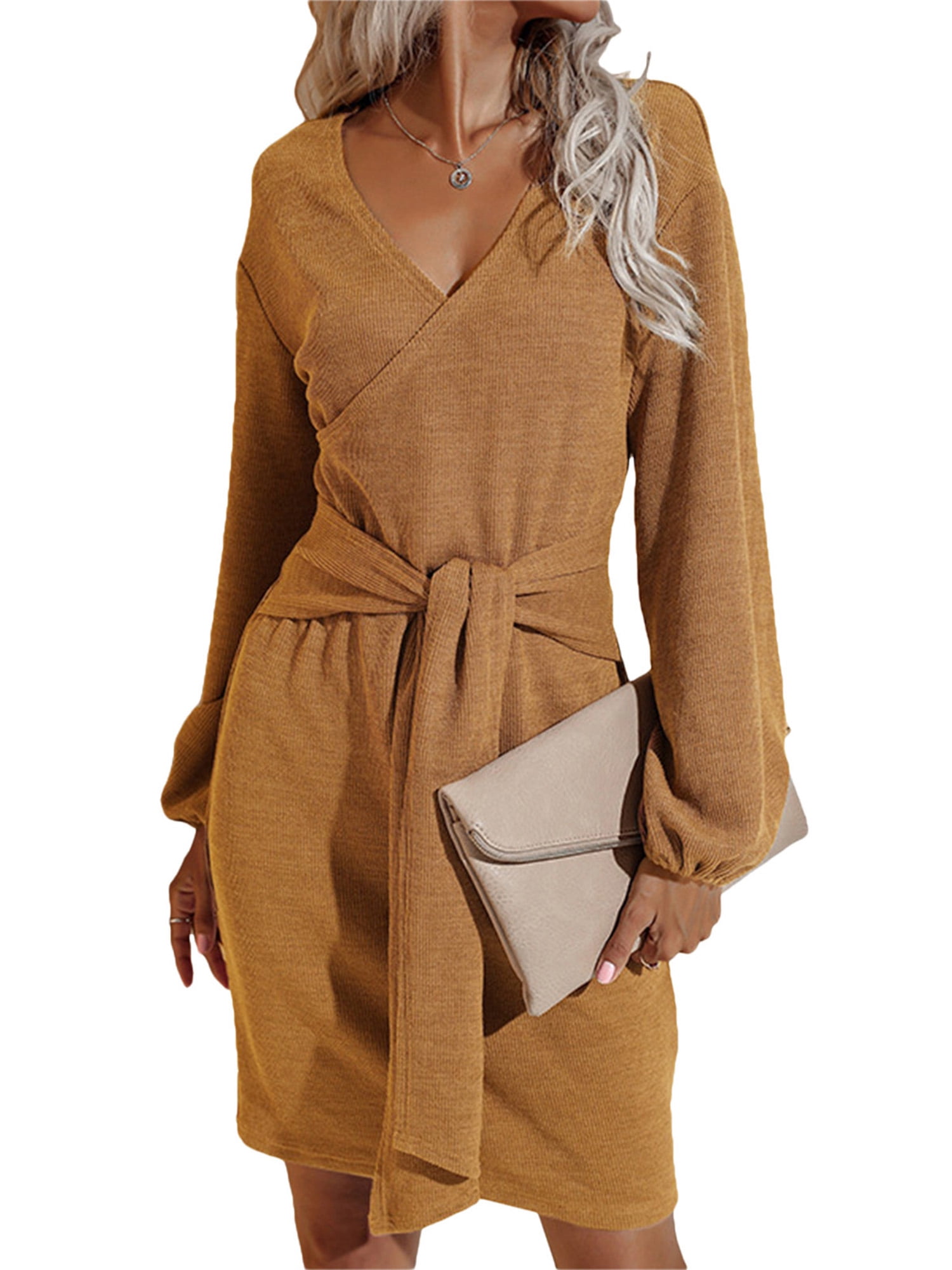 Women Solid Color Knitted Dress, Deep V 