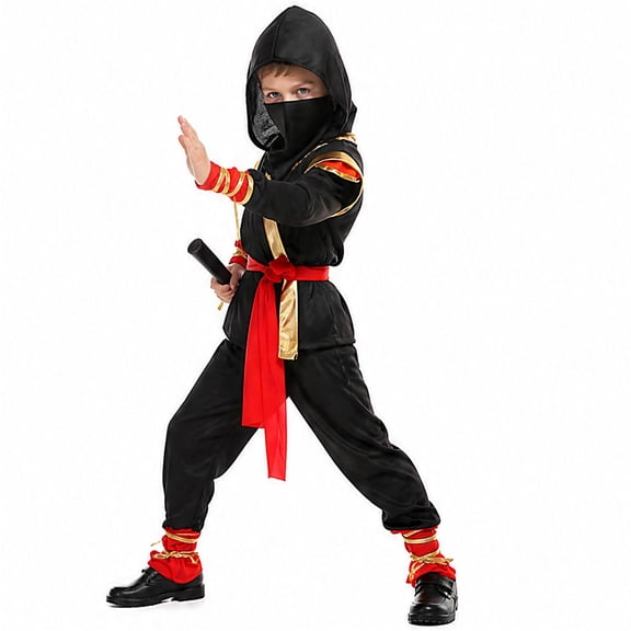 Ninja Full Costume Set, Full Set Black Gold Ninja Costume Outfit, Hooded Mask Warrior Suit With Belt Wrist Ankle Straps for Halloween Martial Arts Cosplay,Black Fighter Costume Set, Black L