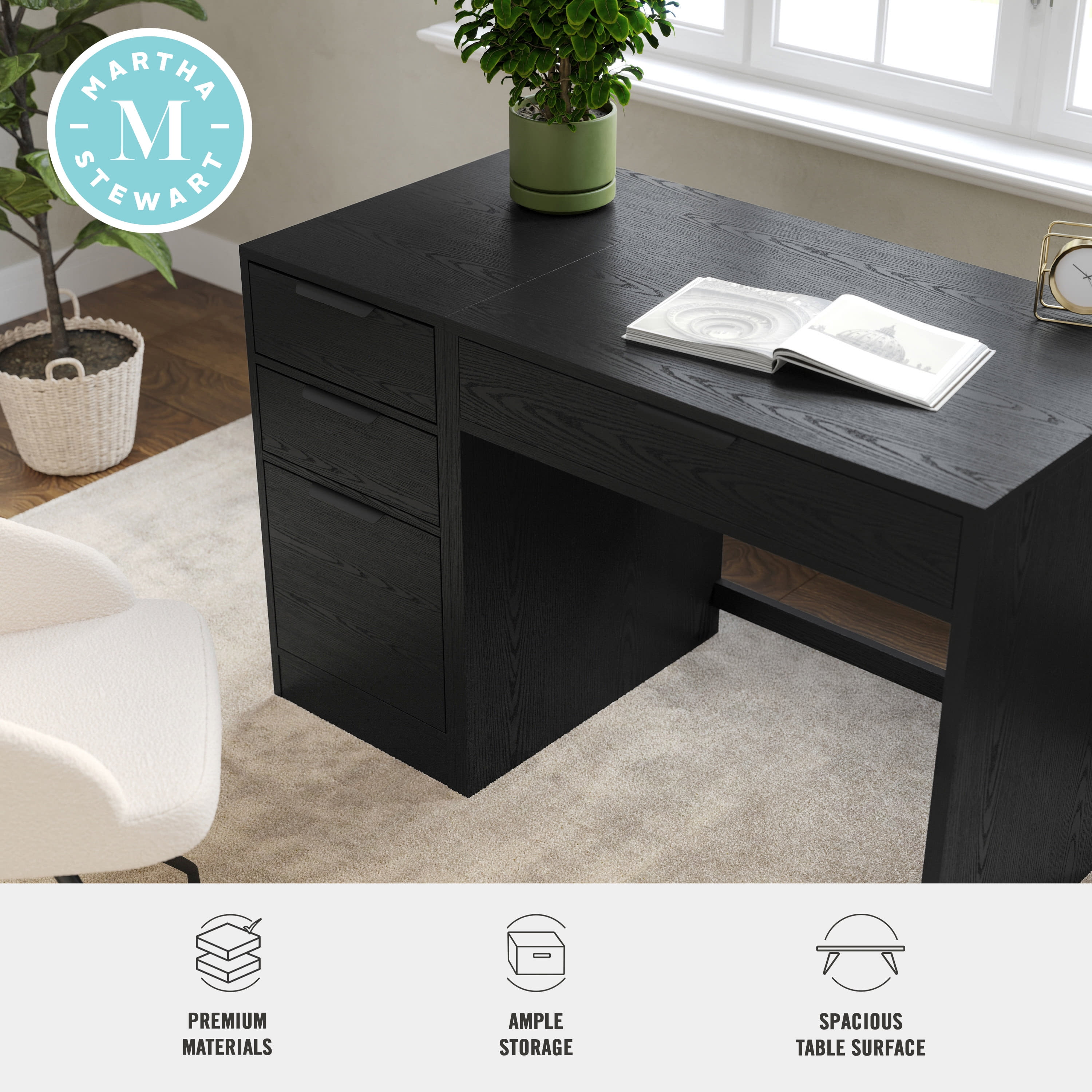 Martha Stewart Home Office Modular Single-Drawer Desk with 3 Drawer File Cabinet in Black with Oil Rubbed Bronze Hardware