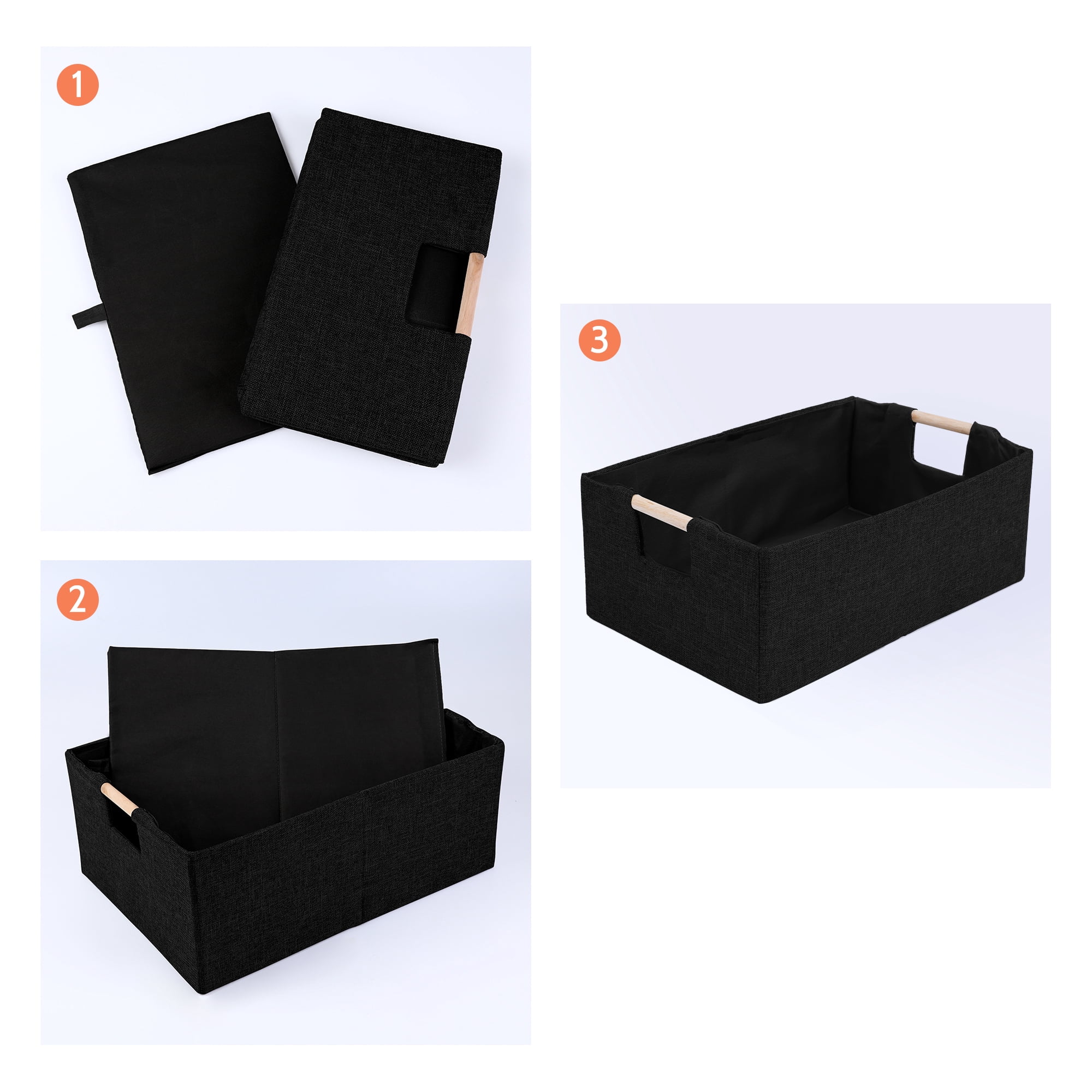 Unique Bargains Foldable Storage Basket with Wood Handles Black 15*10.6*5.9