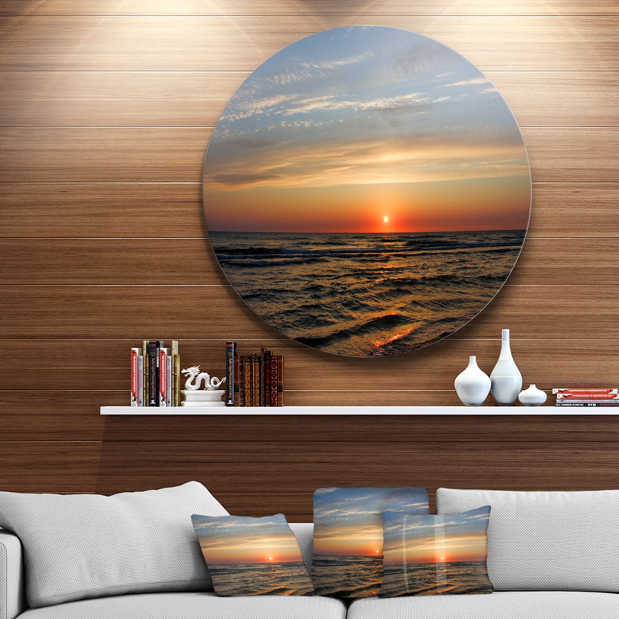 Designart 'Red Sunset with Dark Ocean Waves' Seascape Metal Circle Wall Art