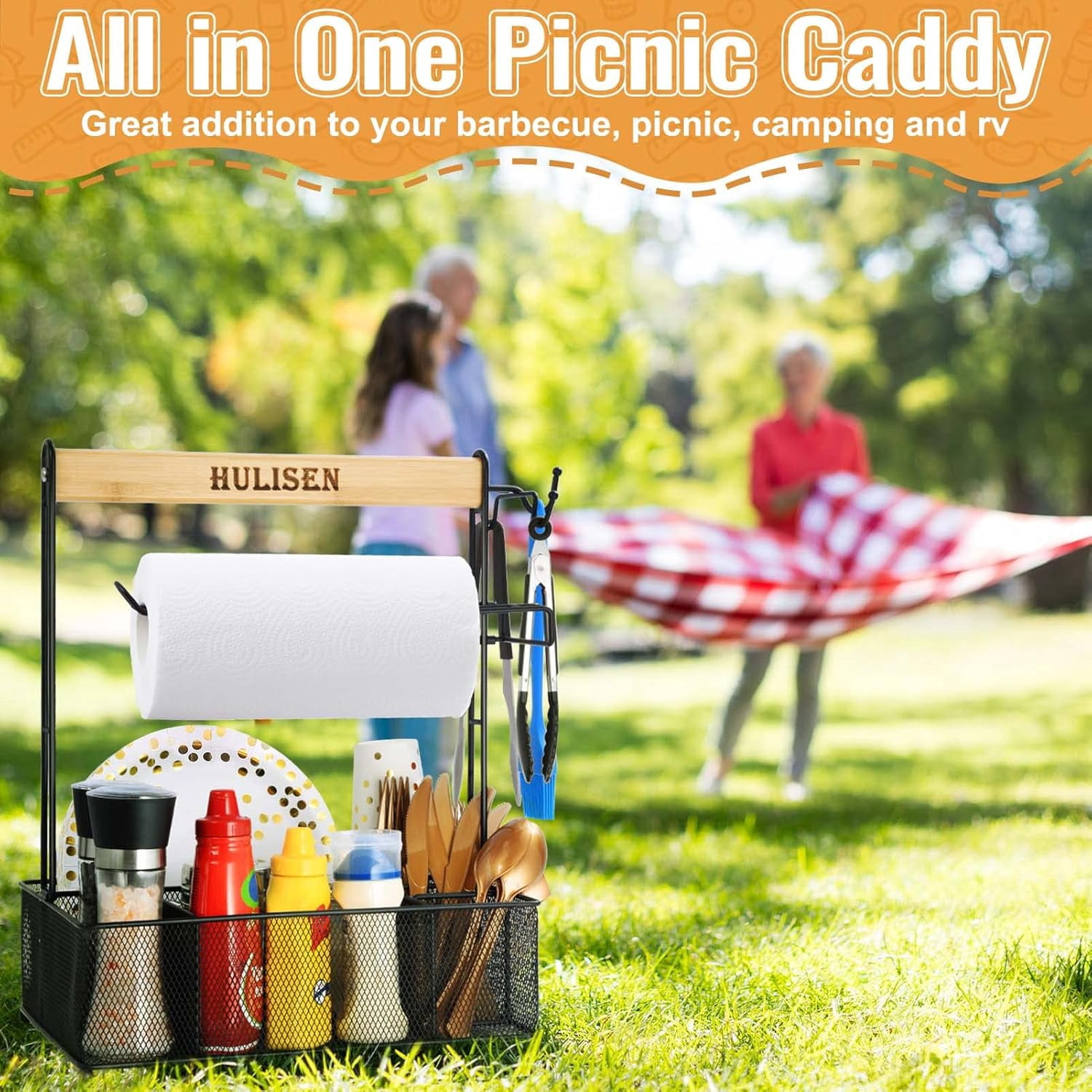 Picnic basket for Outdoor Grill, Grill Caddy with Paper Towel Holder, Camping accessories