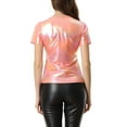 thumbnail image 3 of INSPIRE CHIC Women's Shiny Metallic Clubwear Short Sleeve Round Neck Party Tee Top XS Dark Pink, 3 of 6
