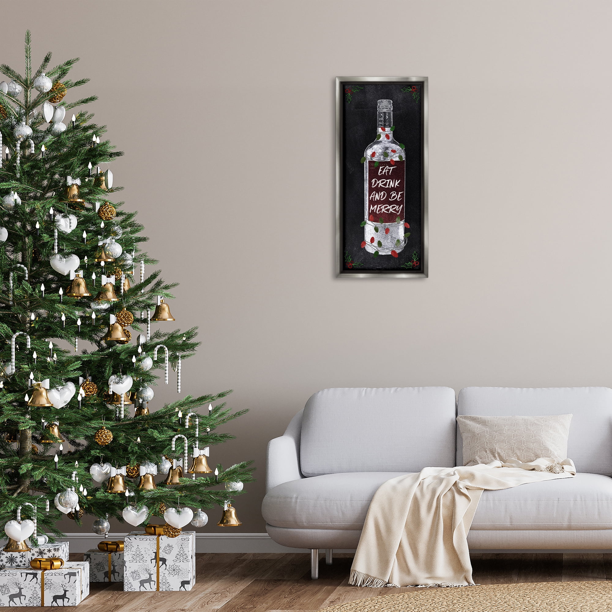 Stupell Industries Eat Drink Be Merry Holiday Painting Gray Floater Framed Canvas Art Prints Wall Art, 15 x 31
