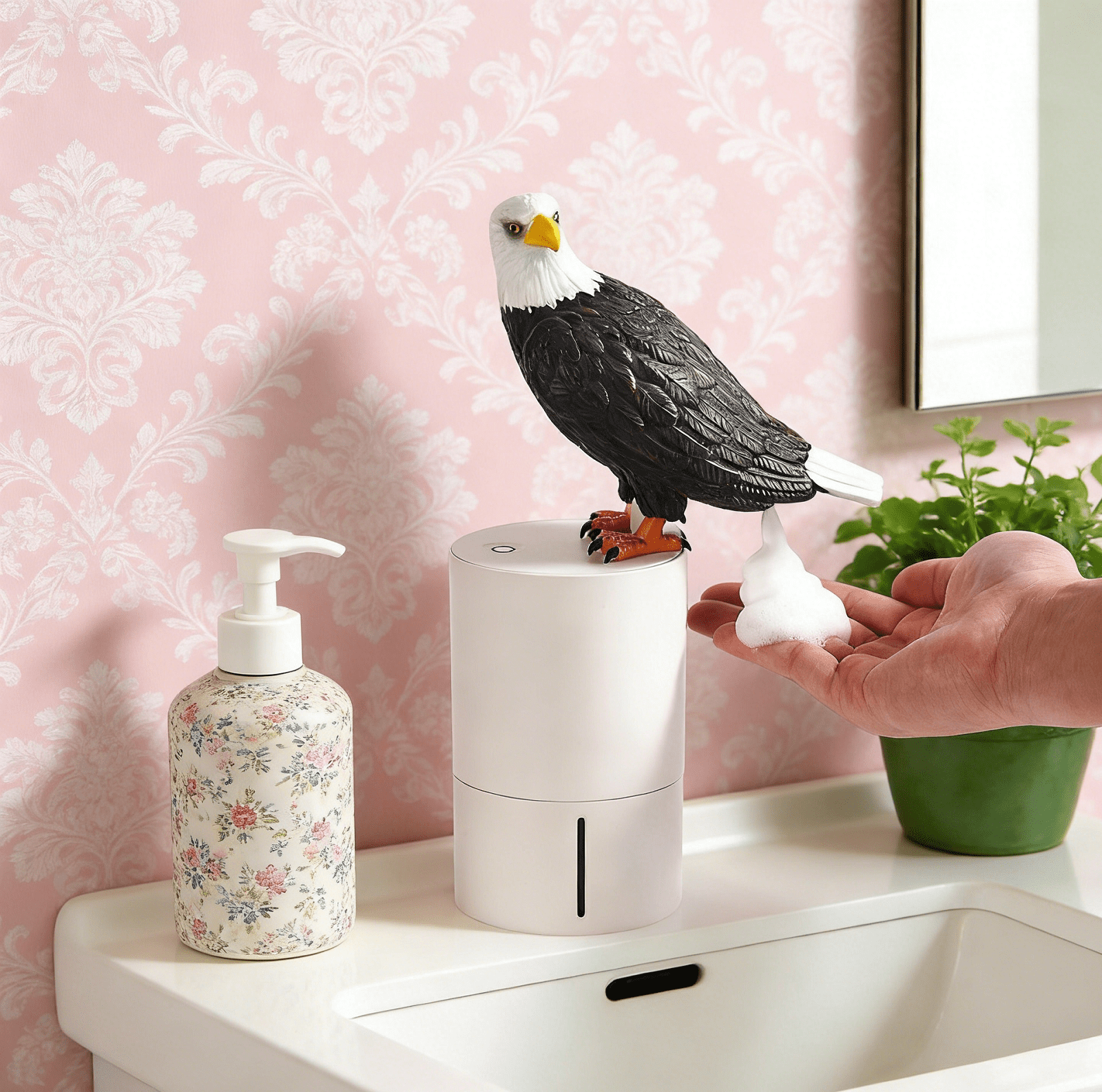 Eagle-Themed Induction Foam Soap Dispenser - Automatic Touchless Hand Wash Dispenser, Waterproof Bathroom & Kitchen Gadget, Soft Foam Soap Dispenser, Festive Home Decor Accessory, 9.2*3.9in, White
