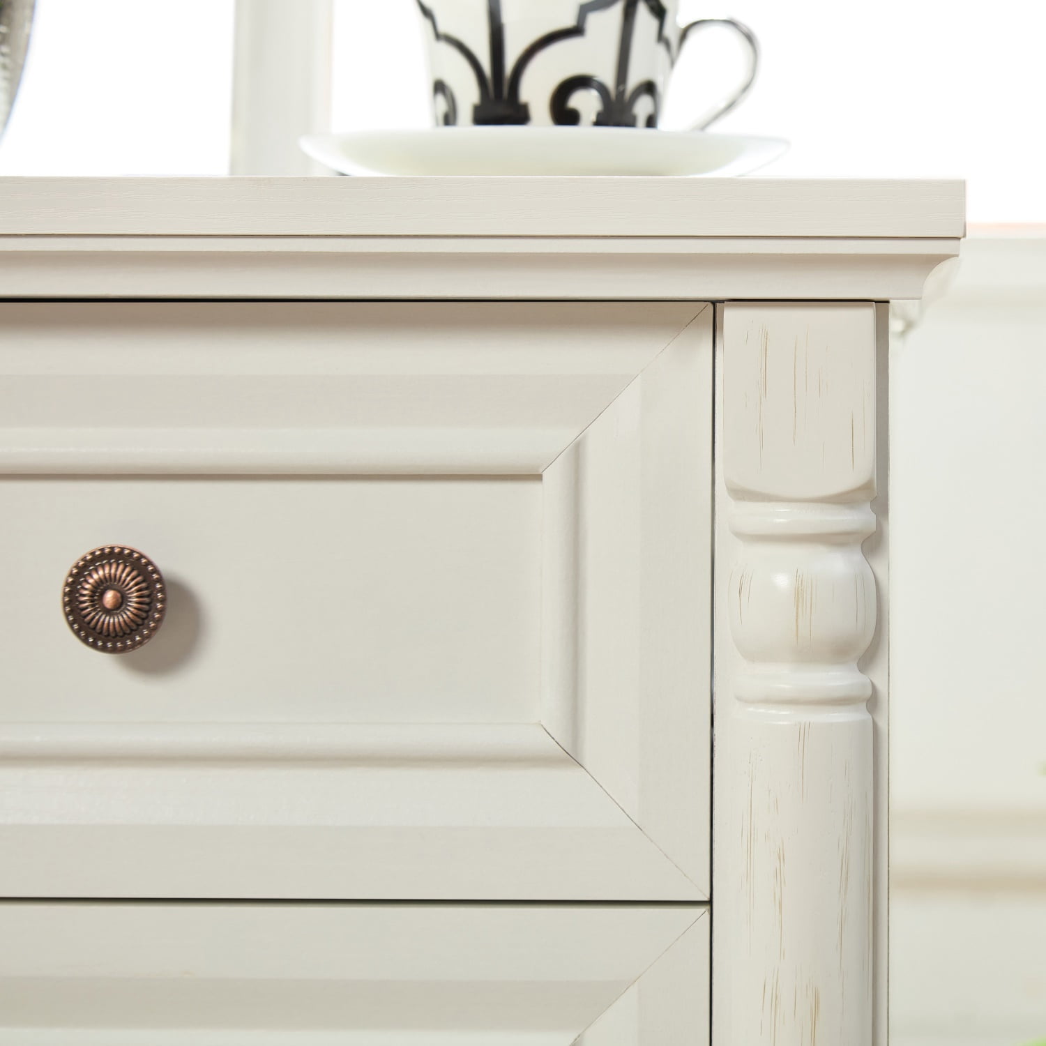 Hommoo Farmhouse Style 3-Drawer Side Table with Storage, Charging Pedestal & Roman Posts Decoration, Rustic Wood Square Nightstand Chest of Drawers for Living Room, Bedroom, Office, White