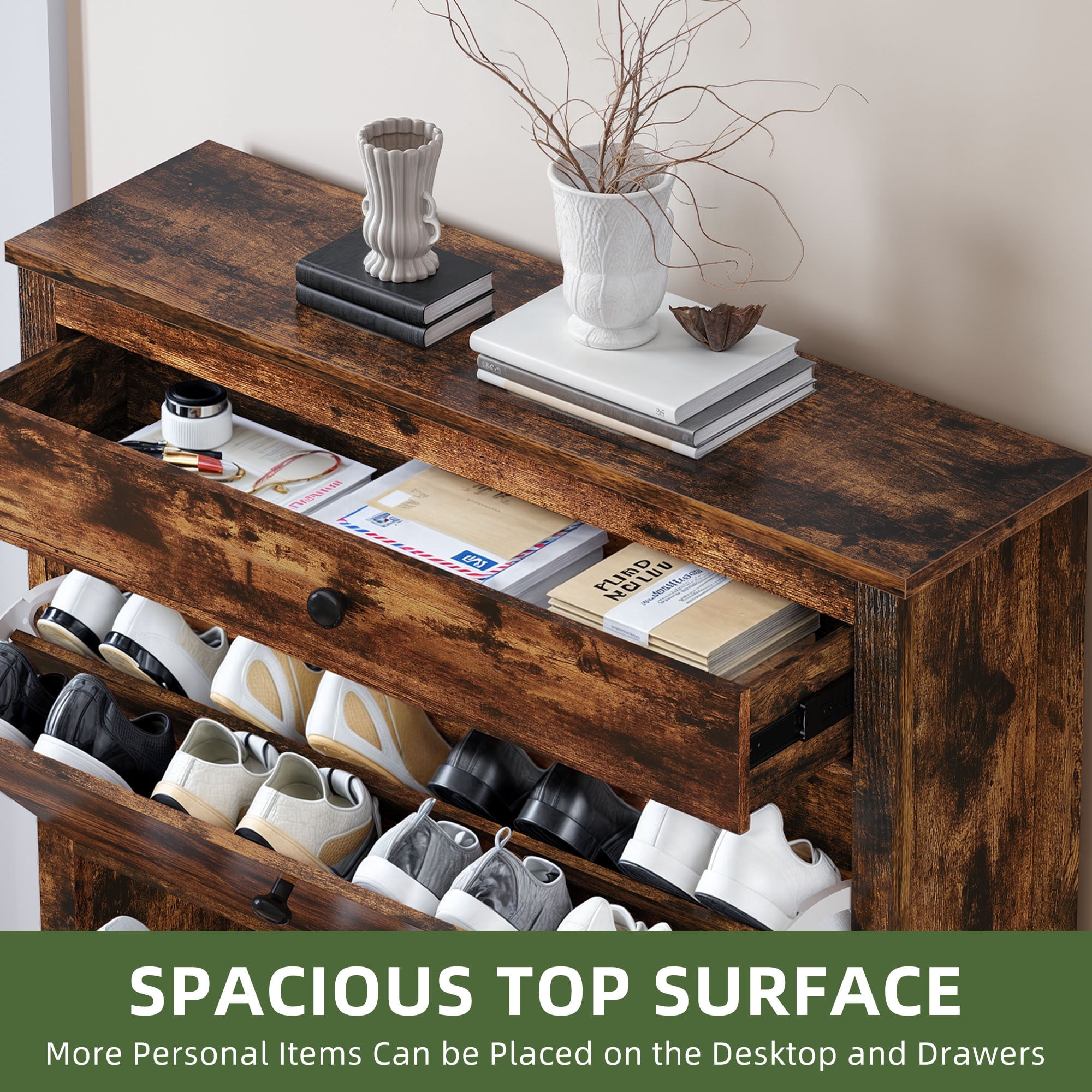 Uforic Shoe Cabinet with 2 Flip Drawers, Hidden Shoe Storage Rack Organizer, Brown