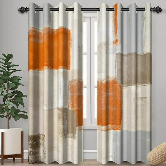 Orange Beige White Abstract Curtains For Living Room, Modern Print Window Drapes, Warm Color Geometric Plaid Themed Machine Washable Curtains For Bedroom Home Decor 42"W x 63"L (Pack of 2)