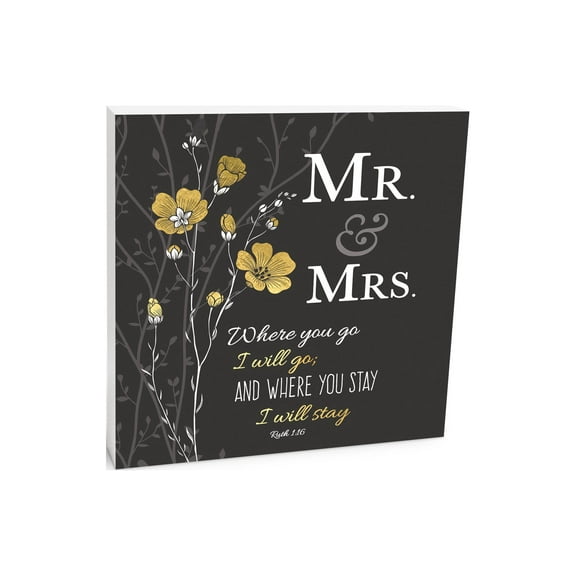 Mr. & Mrs. Grey Golden Floral 10 x 10 Wood Tabletop Sign Plaque