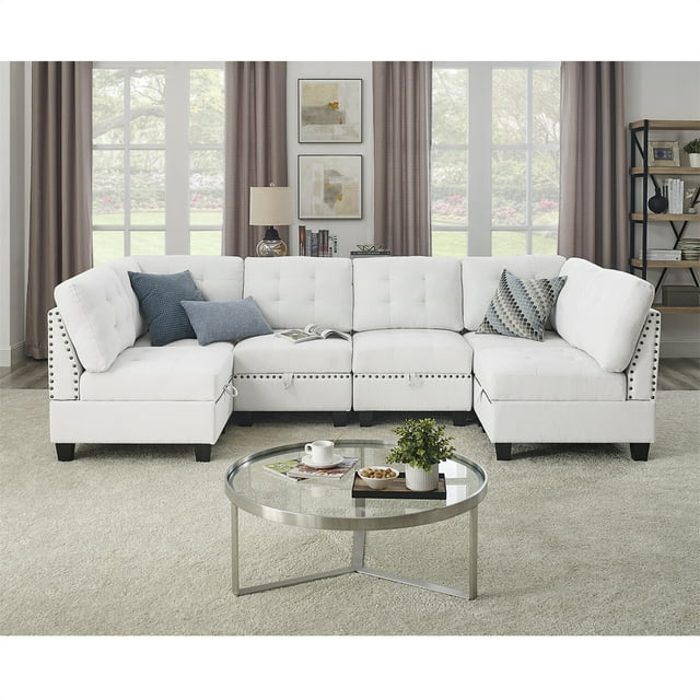 U Shaped Modular Sectional Sofa, DIY Combination Couch, Includes Four Single Chair and Two Corner, Modern Large Sectional Sofa Corner Couch for Living Room, Office, Lobby, Ivory Chenille