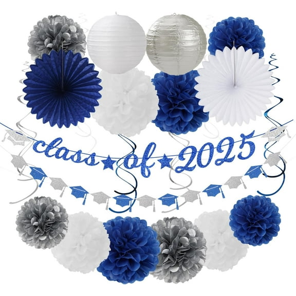2025 Blue Class-Congratulations Prom Graduation Party-Decorations - 22pcs High School College Grad Supplies Decor,Royal Navy White Silver Tissue Pom Poms Streamers, Paper Flowers