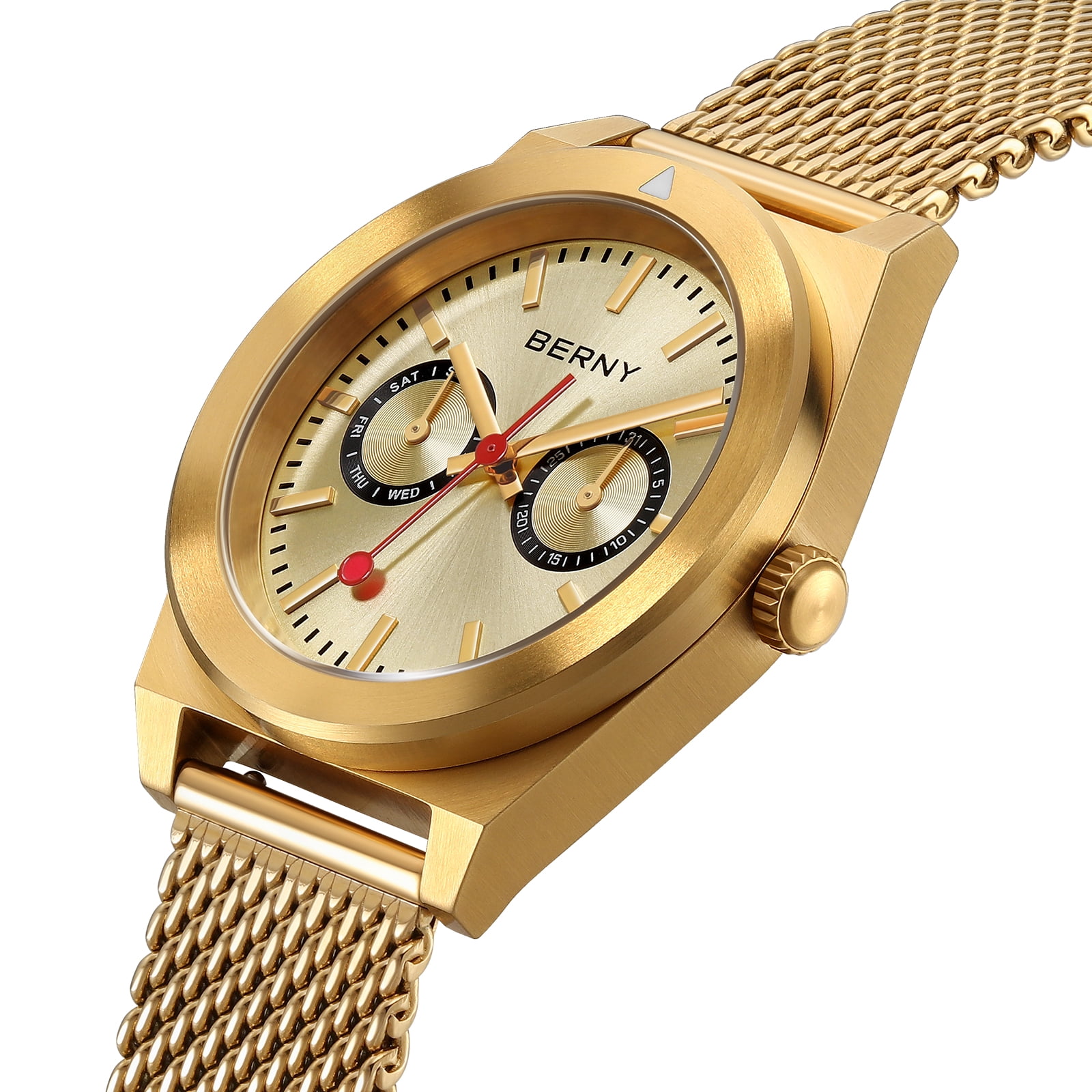 BERNY Gold Watches for Men, Classic Vintage Quartz Analog Watch with Day & Date Calendar, Stainless Steel Mesh Band, Luminous, Waterproof, Fashion Sport Casual Men's Wristwatch (Gold)