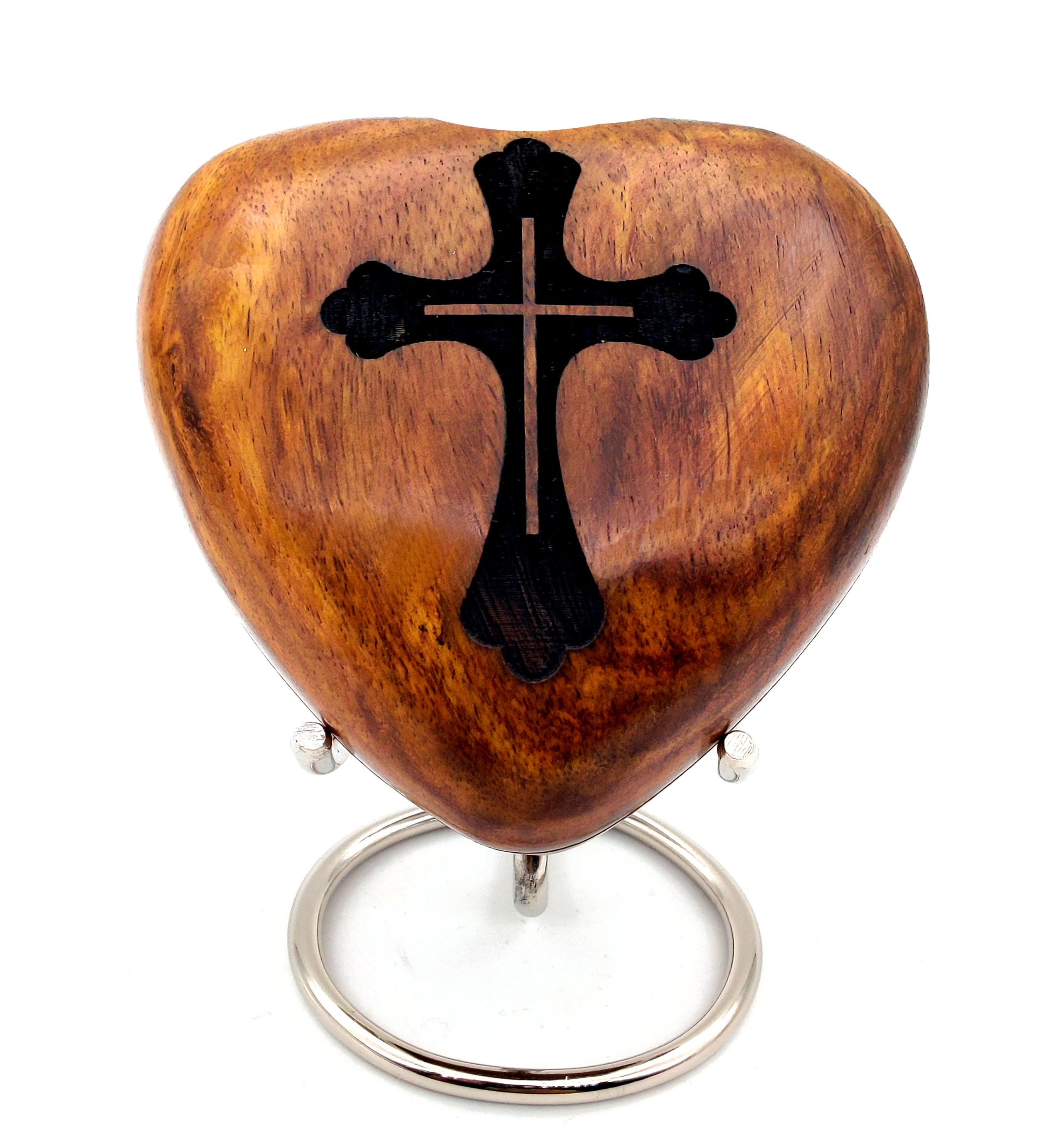5MOONSUN5 Wooden Heart Urn Keepsake Cremation Urn for Human pet Ashes Handcrafted Urn Heart Shaped - Perfect for Adults & Infants with Brass Stand 3 inch with CROSS Engraving
