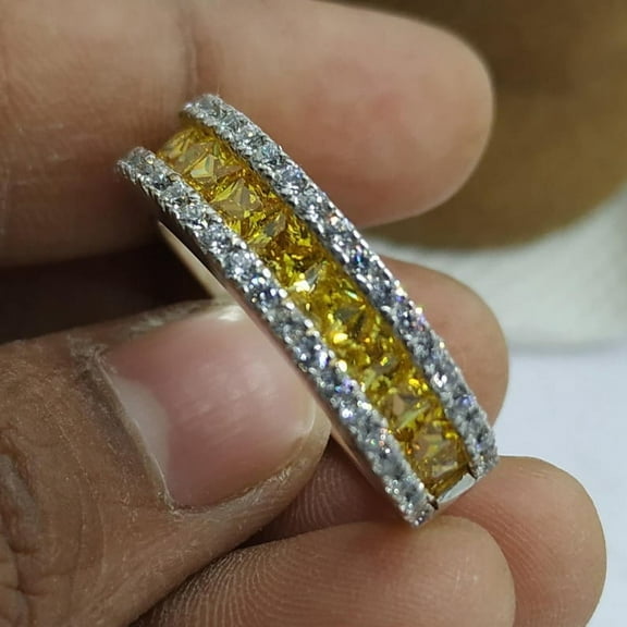 2.50Ct Princess Cut Yellow Citrine Half Eternity Wedding Band Ring 14K White Gold Plated Silver Women's Band Ring Mother's Day Gifts