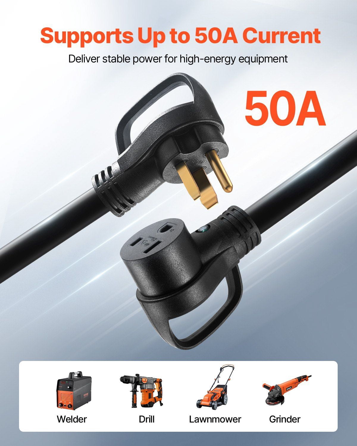 50A Generator Extension Cord 50FT 250V Heavy Duty 6AWG Pure Copper Power Cable NEMA 6-50P to 6-50R 12500W ETL Certified Outdoor Indoor Use with Light Indicator Handle Storage Bag