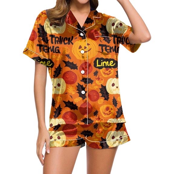 XIAONU Womens Pajama Set Halloween Printed Sleepwear Short Set Relaxation Comfortable Sleepwear Holiday Celebrations