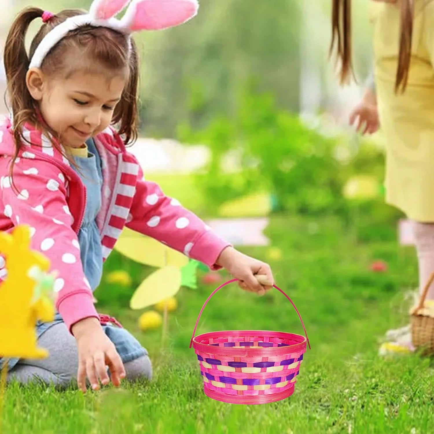 3Pcs Easter Woven Willow Baskets Set with 5 colors Paper Filler, Colorful Bamboo Handle Easter Basket, for Easter Decorations Party Gift