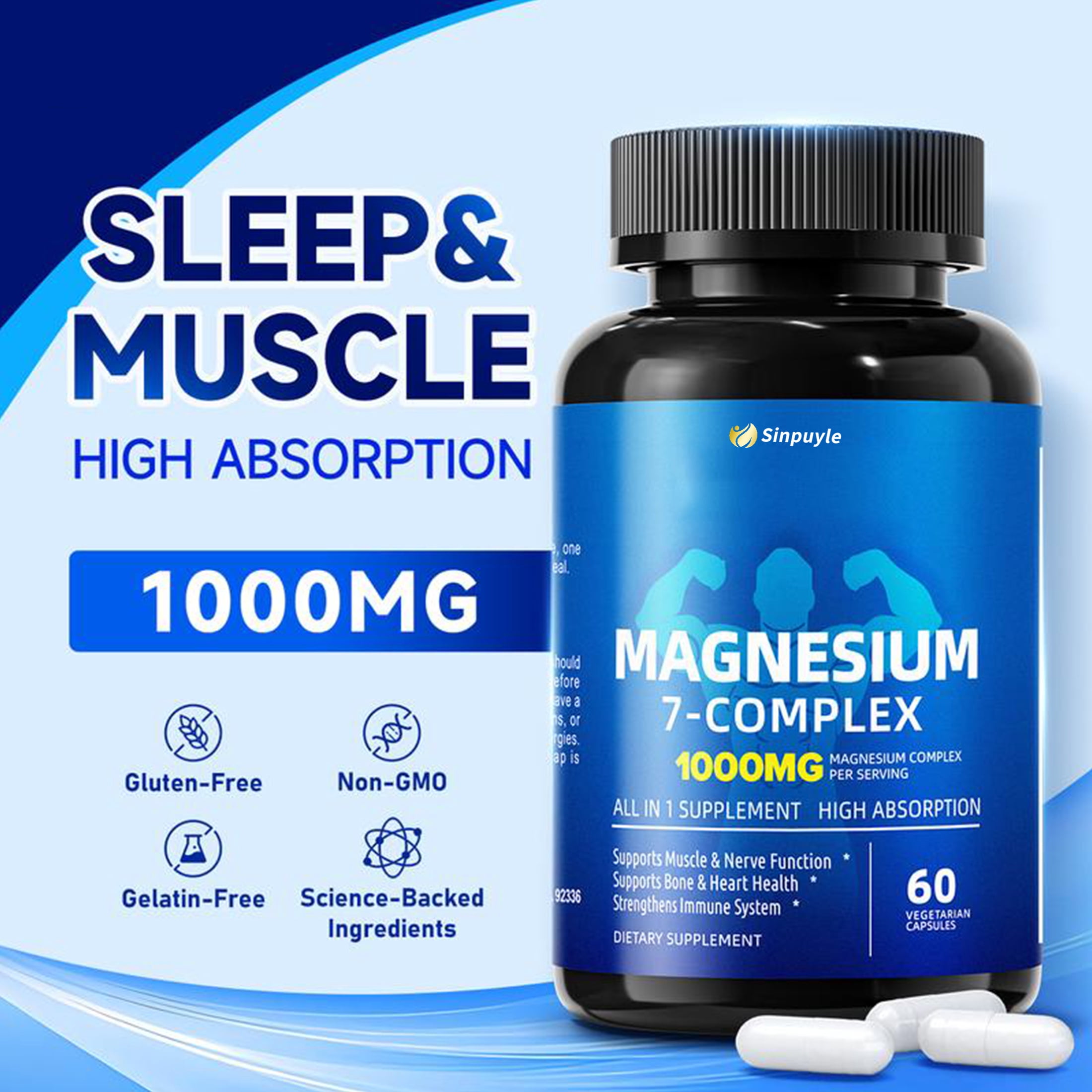 Magnesium 7-Complex 1000mg, High Absorption 7-in-1 Magnesium Supplement, Supports Muscle & Nerve Function, Bone & Heart Health, 60 Vegetarian Capsules