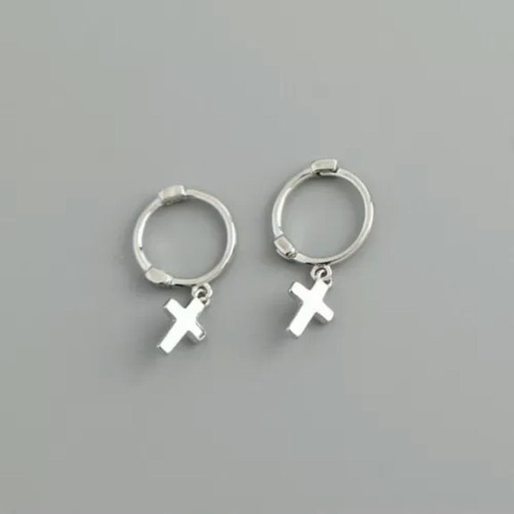 QQTDFG 925 Sterling Silver Tiny Cross Charm Helix Tragus Hoop Drop Earrings F0109-Silver