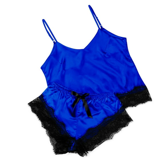 Lovskoo Pajamas Set for Women Sleepwear Sets Lace Satin Bra Camisole Sling Tops Shorts Pajamas Two Piece Set Blue