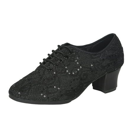 OJSFQUFP Womens Shoes Leisure Women s Sequin Soft Sole Solid Color Non Slip Square Heels Lace Up Round Toe Breathable Dancing Shoes Women Loafers Black 42