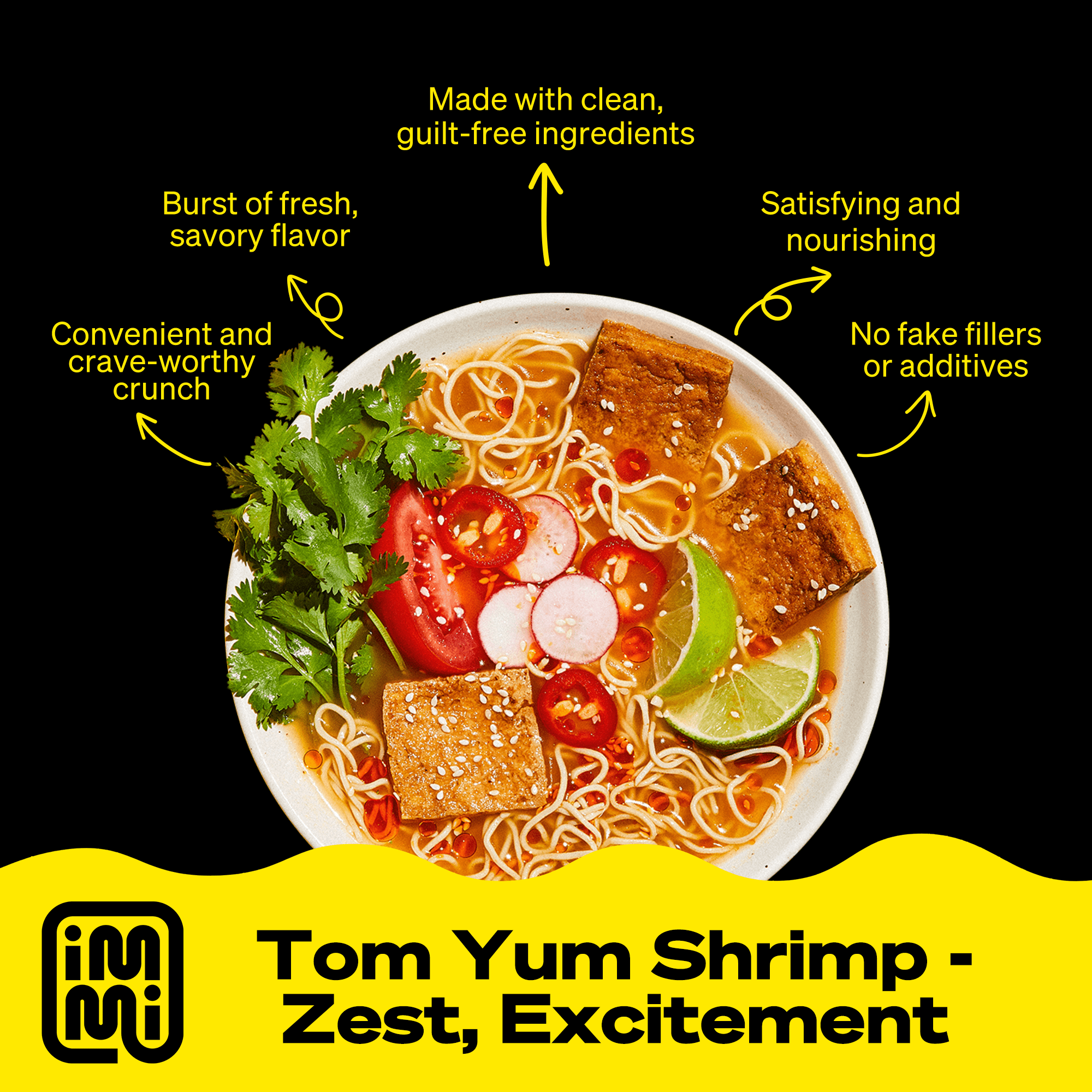 immi Tom Yum "Shrimp" Ramen 28g Protein 11g Fiber Plant Based 6 Pack