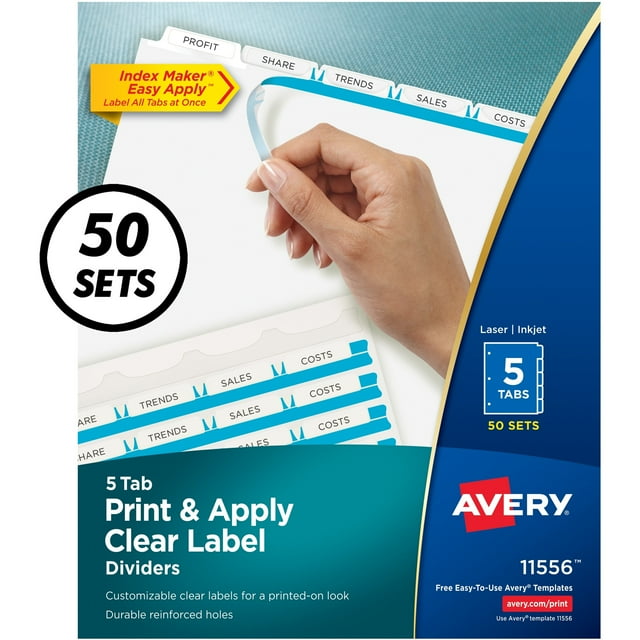 Avery 5-Tab Binder Dividers, Easy Print & Apply Clear Label Strip, Index Maker, White Tabs, 50 Sets (11556)