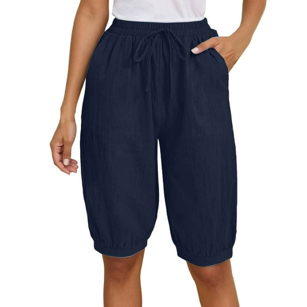 Pantalones capri casuales de mujer con cintura elástica lisa - Pantalones de poliéster de cintura alta con bolsillos grandes, S-XXL