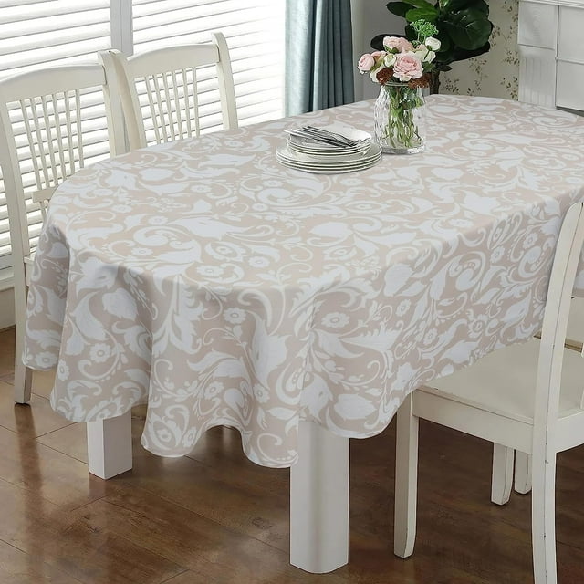 Oval Tablecloth 52 x 70 Inch Beige, Vintage Floral Tablecloth for Oval Table, Fabric Wrinkle Free Washable Waterproof Retro Tablecloth Oval Table Cloth for Kitchen Dining Room Table
