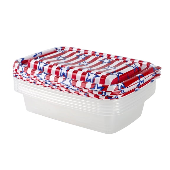Cook With Color 12 Piece Stackable Plastic Food Storage Container Set, 1000 ml Rectangular Containers with Printed Lids, Red Stripes and Stars
