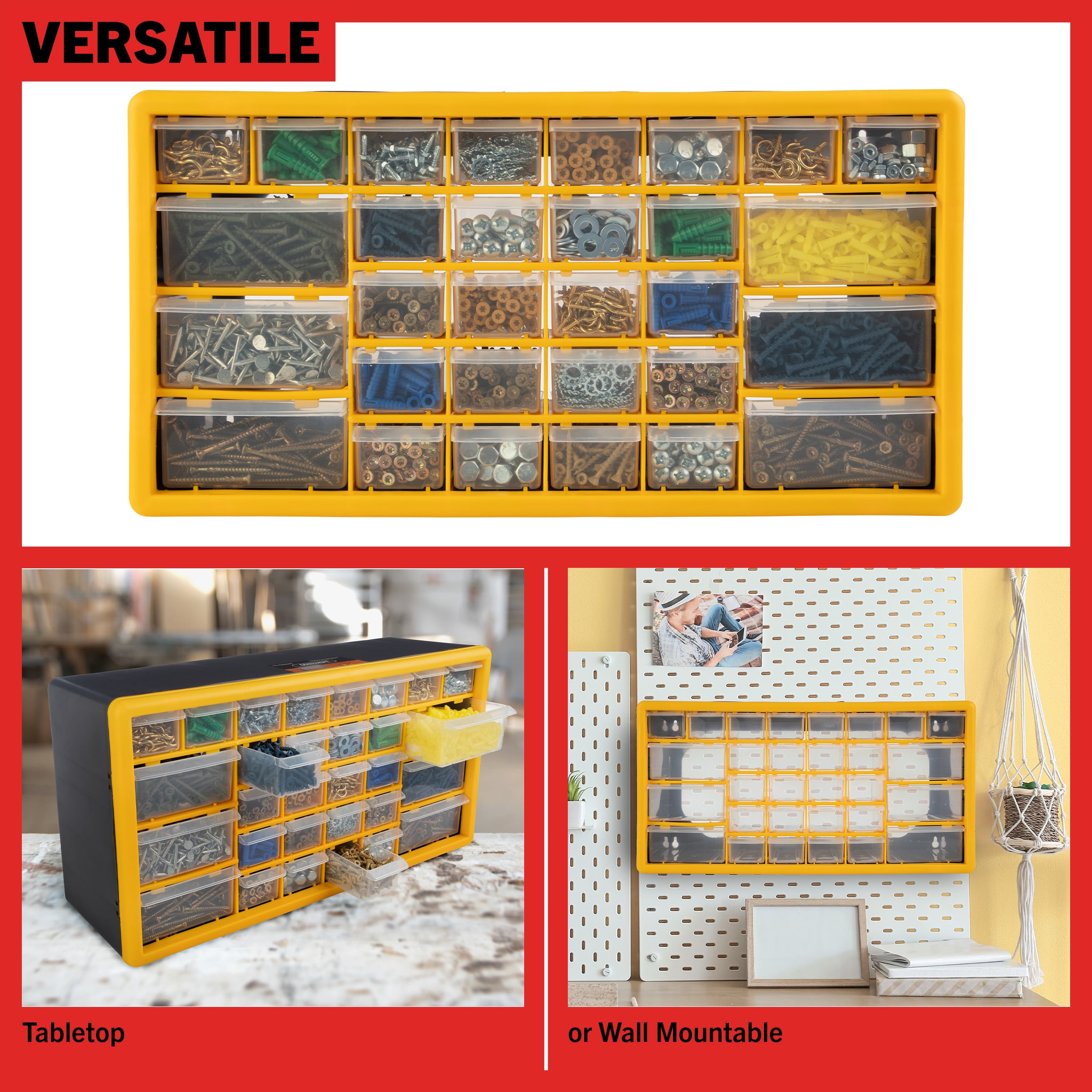 Stalwart 30-Drawer Small Part Organizer - Desktop or Wall-Mountable, Yellow