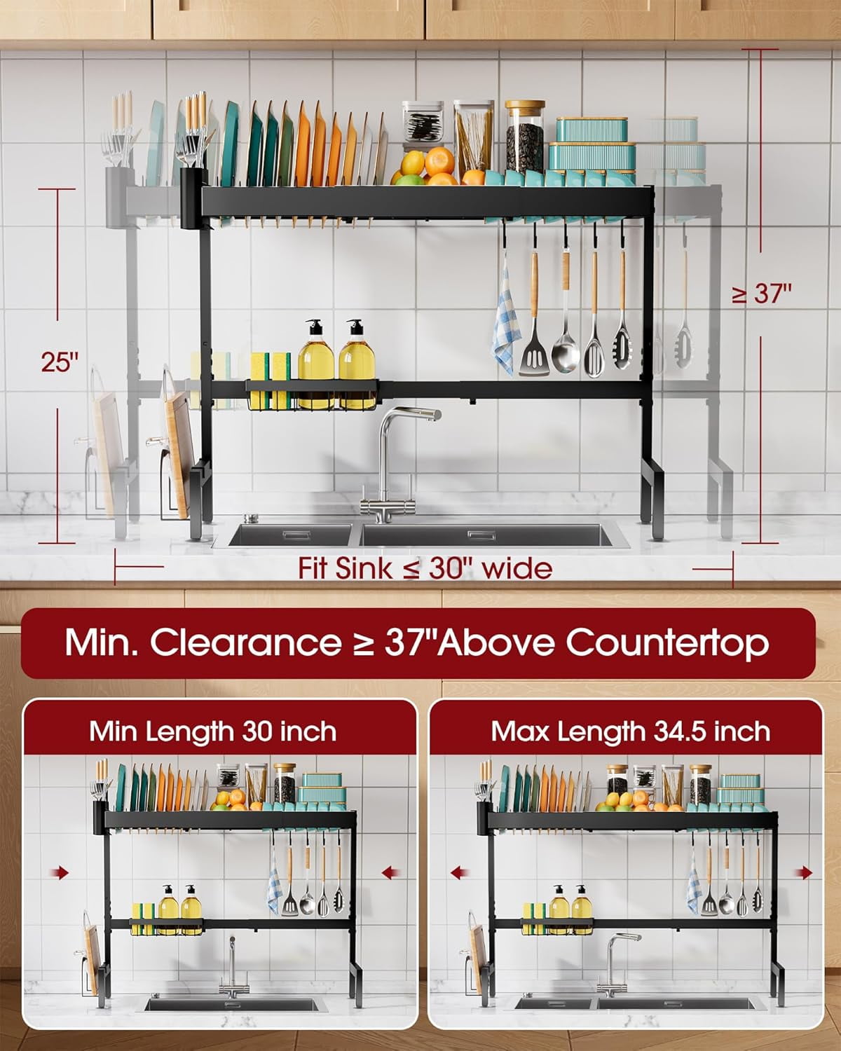 Dish Drying Rack - Over The Sink Dish Drainer Drying Rack with Utensil & Knife Holder, Hooks, Stainless Steel Kitchen Organizers and Storage Solution, 11.8" D x 31.5"~39.0''W x 30" H, Black