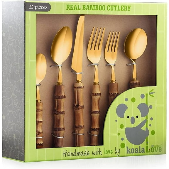 Bamboo Silverware Set Natural Bamboo Flatware Set Hand Crafted Bamboo Cutlery Utensils, Handmade With Love By KoalaLove! (4 Sets, 24 Cutlery Pieces, Gold)