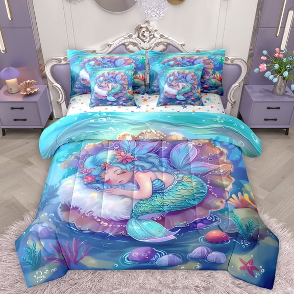 Homewish Cute Cartoon Mermaid 7-Piece Twin Bedding Sets,Oceean Animal Bedding Comforter Set,Watercolor Sealife Coral Sheet Sets For Girls,Breathable Home Decor Reversible