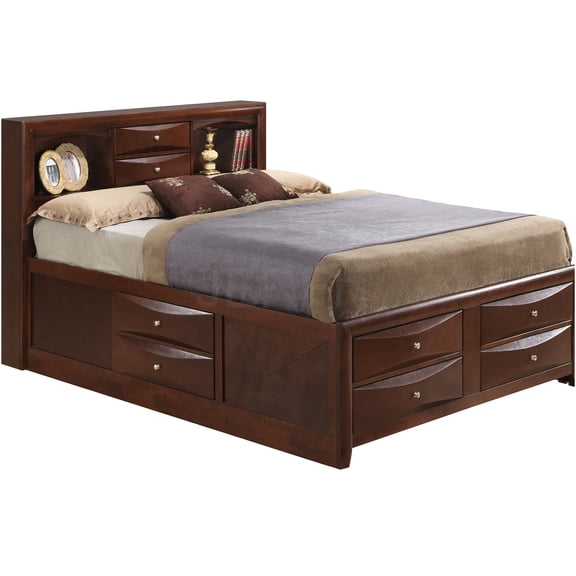 JERFIT King Size Storage Bed with Headboard, Cherry Finish Platform Bed with 4 Drawers, Modern Bedroom Furniture