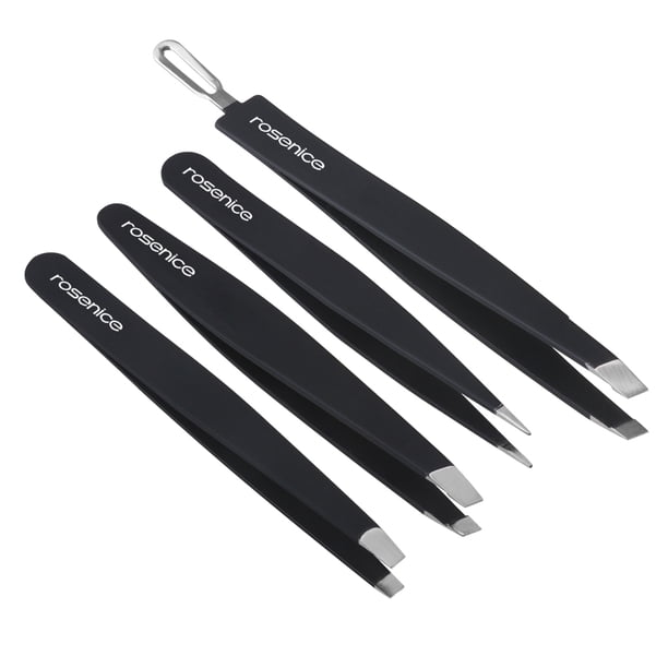 Pinzas profesionales Rosenice de punta inclinada de acero inoxidable 401 (4 piezas), de la mejor precisión, para cejas, con goma pintada (negra)