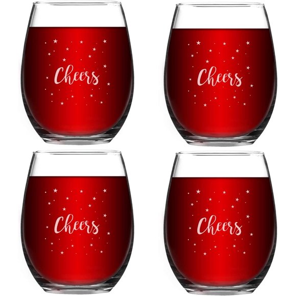 Christmas Gifts - Set of 4 Cheers Christmas Wine Glasses with White Stars, Christmas Wine Glasses for Home Xmas Festival Party Holiday Celebration Decoration, Ideal for Women Friends Men Family 15 Oz