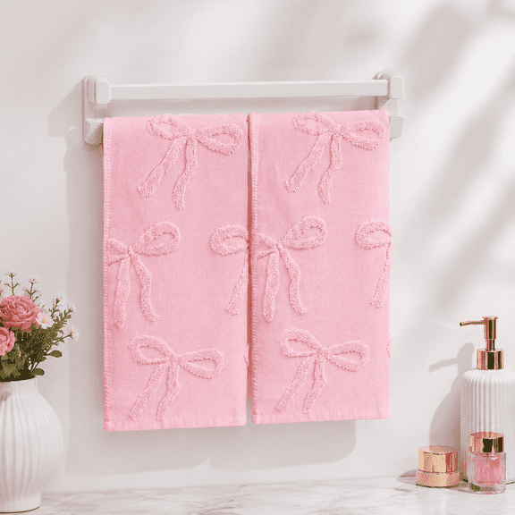 2-Pack Pink Bow Jacquard Hand Towels - Cotton Absorbent Bathroom Towels, Decorative Bath Decor, 13.7 x 29.5 Inch (Set of 2)