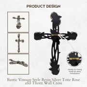 Rustic Vintage Style Resin Silver Tone Rose and Thorn Cross Spiritual Wall Art Décor