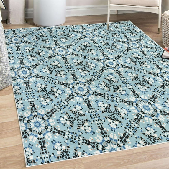 Mosaic Decorative Rug, Antique Roman Time Inspired Rock Design with Circled Modern Lines Image Print, Quality Carpet for Bedroom Dorm and Living Room, 6 Sizes, Pale Azure, by Ambesonne