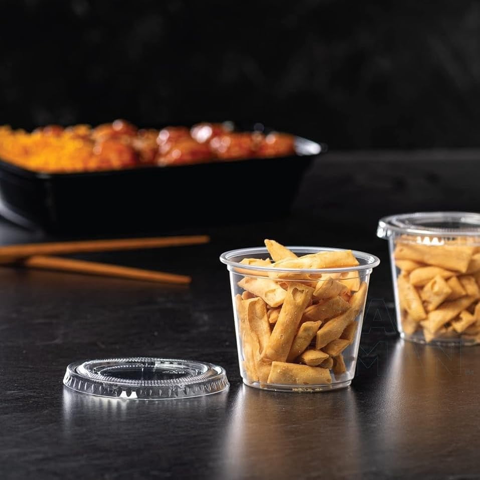 Stack Man [100 Sets - 5.5 oz.] Plastic Clear Portion Cups, Snack Cups, Disposable Containers with Lids 5.5oz. | Jello Shot Cups, Dipping Sauce Cup, Salad Dressing Container,