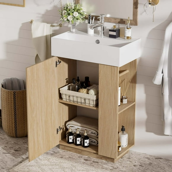 MODERNLUXE 21.6 Inch Bathroom Vanity with Ceramic Sink, Undermount Vanity Sink Cabinet with Soft Closing Door,Free Standing Bathroom Storage Cabinet with Left Door Open for Small Space,Natural