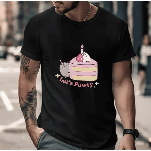 Let's Pawty Cat With Birthday Cake Kawaii Party Theme Fun Style Unisex T-Shirt, up to size 5XL