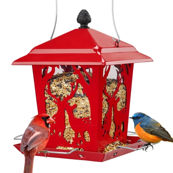 Kingsyard Hopper Metal Wild Bird Feeder for Outdoor Hanging with 4 Perches Rainproof Roof, Red