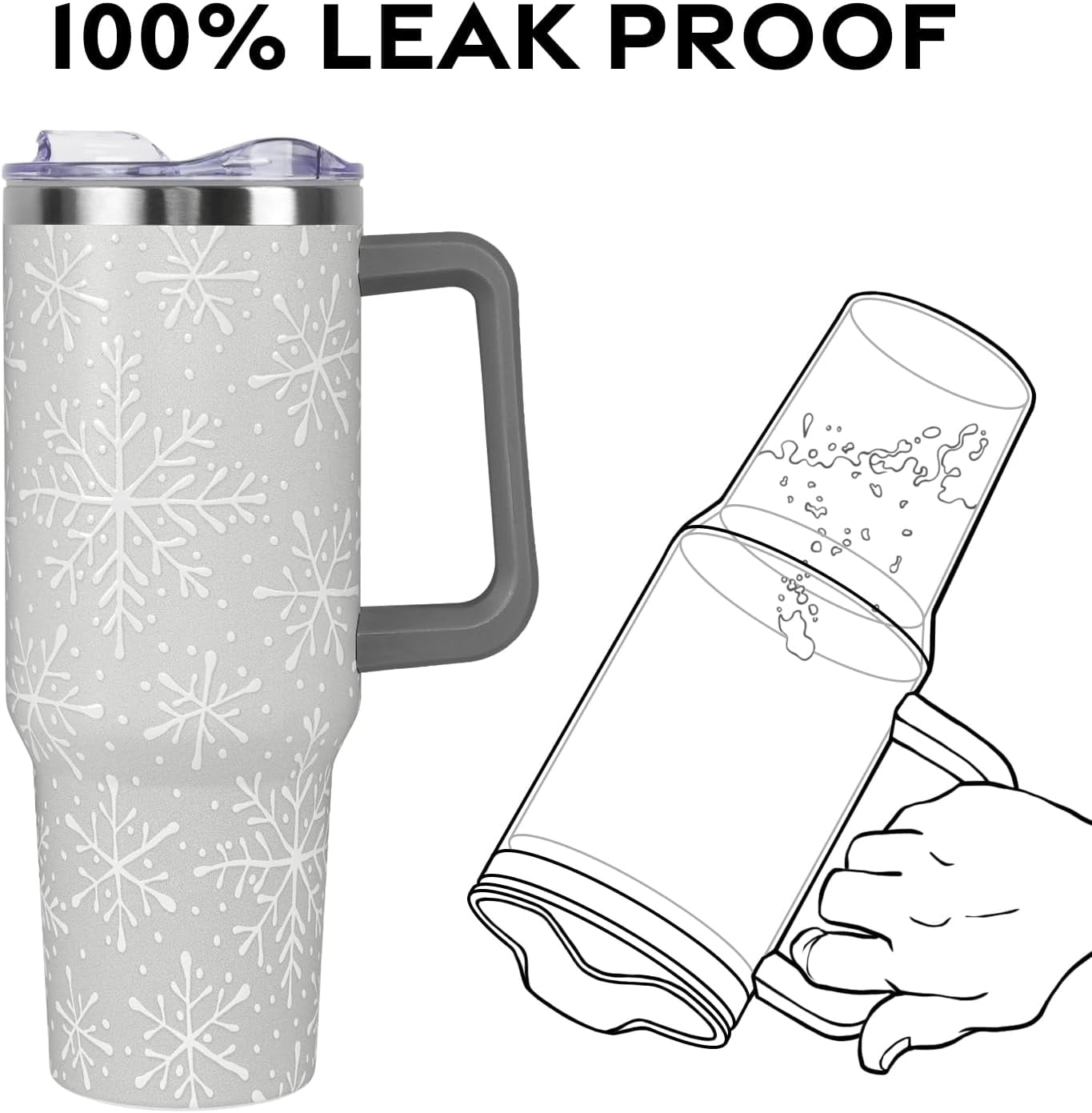 Christmas Tumbler with Handle and Straw Lid 40 oz,Cute Christmas Gifts for Women Gray Snowflakes Vacuum Insulated Leak Proof Tumbler,Winter Holiday Accessories Stainless Steel Coffee Cup Mug