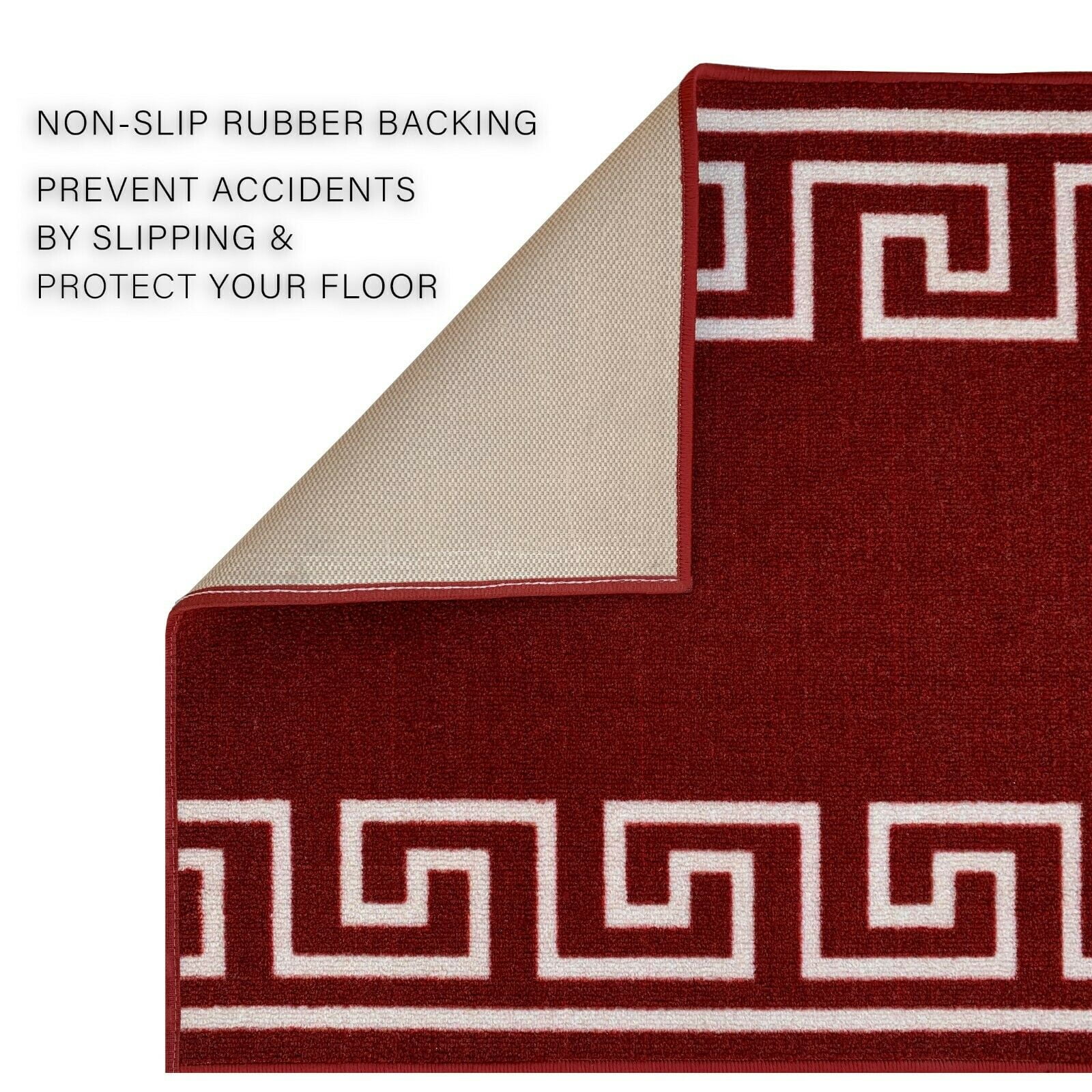 Runner Rug for Hallway Greek Key Print Design Red White Color 26 Inch or 31 Inch Wide by Your Length Choice Slip Resistant Rubber Backing Stain Resistant Pile Stair Runner